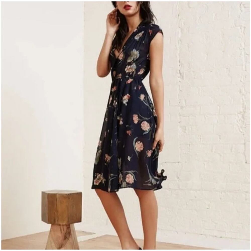Reformation Navy Floral Midi Dress with Pink & Green Blooms - Picture 3 of 12